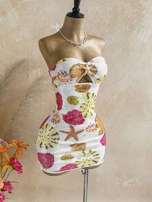 body con mini de mujer con textura de punto blanco para vacaciones, sin tirantes, con escote calado, fruncido, con decoración de estrella de mar metálica, sexy para fiesta, cita, playa, resort de verano - Multicolor 2 - Ver 7