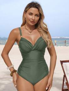 Shapewave 26SS 春夏度假系列成熟优雅收腹裹胸连体泳衣，黑色 - 軍綠色 - 查看 3