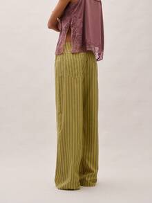 Nöista Olive Green Vertical Striped Loose-Fitting Trousers, With A Relaxed Straight Leg Design, Offering A Casual And Versatile Style. A Must-Have For Spring And Summer, Combining Comfort And Fashion, Perfect For Vacations And Casual Shopping, Offering Exceptional Practicality. - Green - View 2