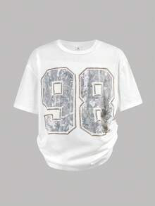 少女日常休闲圆领数字印花上衣和印花短裤套装 - 彩色 - 查看 3