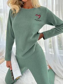 Loomlin 100%Cotton Letter Embroidery Ribbed Knit Lounge Set - Mint Green - View 1
