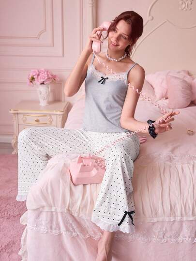 Bonmuse 两件套：纯色蕾丝拼接V领吊带背心和波点印花长裤