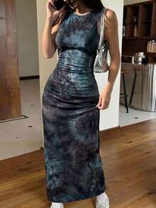 SHEIN EZwear 女士修身夏季印花吊带紧身长裙 - 黑與白 - 查看 3