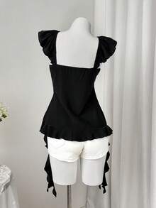 Sweetra Black V-Neck Asymmetric Ruffle Hem Camisole Top, Chic Fashion Versatile Summer Wear - Black - View 2