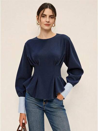 Anewsta Women's Autumn Sweatshirt With Striped Patchwork, Pleated Waist Design, Elegant Pullover