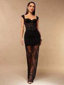 Silquee 女士夏季纯色撞色蕾丝透视A字裙 - 黑色 - 查看 7