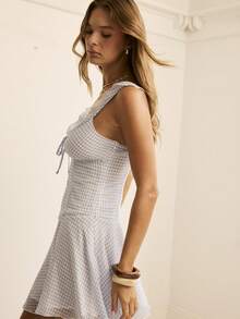 Aralina Women's White Gingham Print Sweetheart Neckline Ruffle Strap Tie Front A Line Mini Summer Dress, Modest Sexy Vacation Holiday Beach Golf Sun Dresses - Blue and White - View 3