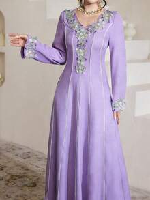 Al Najma Embroidered Lace Patchwork Elegant Modest Long Sleeve Arabic Style Dress - Purple - View 3