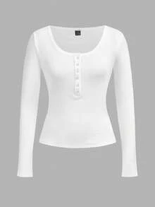 Tseoso 97%纯棉女士亨利领两件套，纽扣长袖T恤，白色 - 白色 - 查看 5