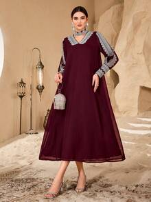 SHEIN Najma Đầm nữ thanh lịch với ren hoa và tay áo xẻ tà - Màu Đỏ Sâu - Xem 3
