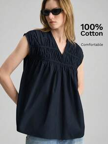 Ontre 2026SS New Women's Top, Woven Fabric, Business Casual Urban Chic, Minimalist Fashion Commuter Wear - Navy Blue - View 1