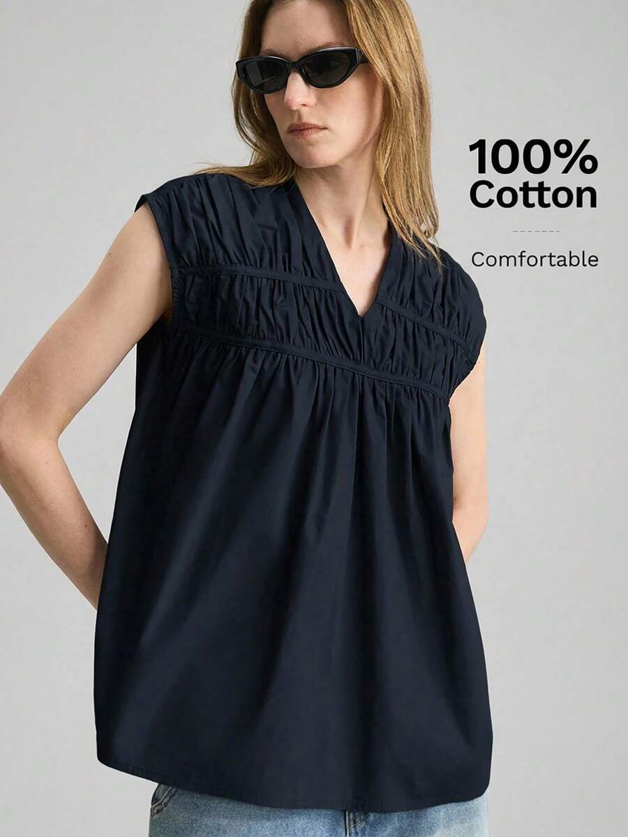 Ontre 2026SS New Women's Top, Woven Fabric, Business Casual Urban Chic, Minimalist Fashion Commuter Wear - Navy Blue - View 1