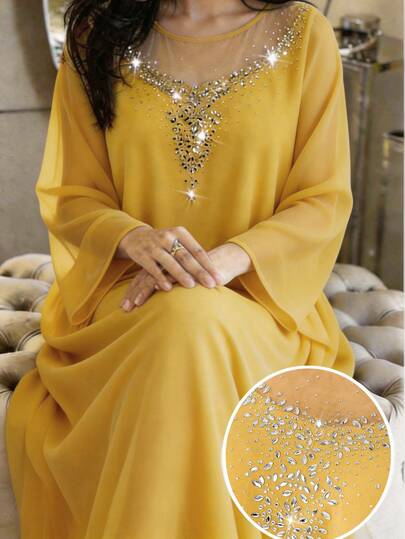 Al Najma Đầm dài tay cổ tròn kiểu Ả Rập thanh lịch dành cho nữ cỡ lớn, đính đá lấp lánh.
