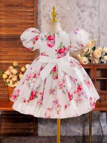 SHEIN Glamorique Kids 女童碎花腰部泡泡袖薄纱优雅派对连衣裙，适合所有季节 - 粉色 - 查看 1