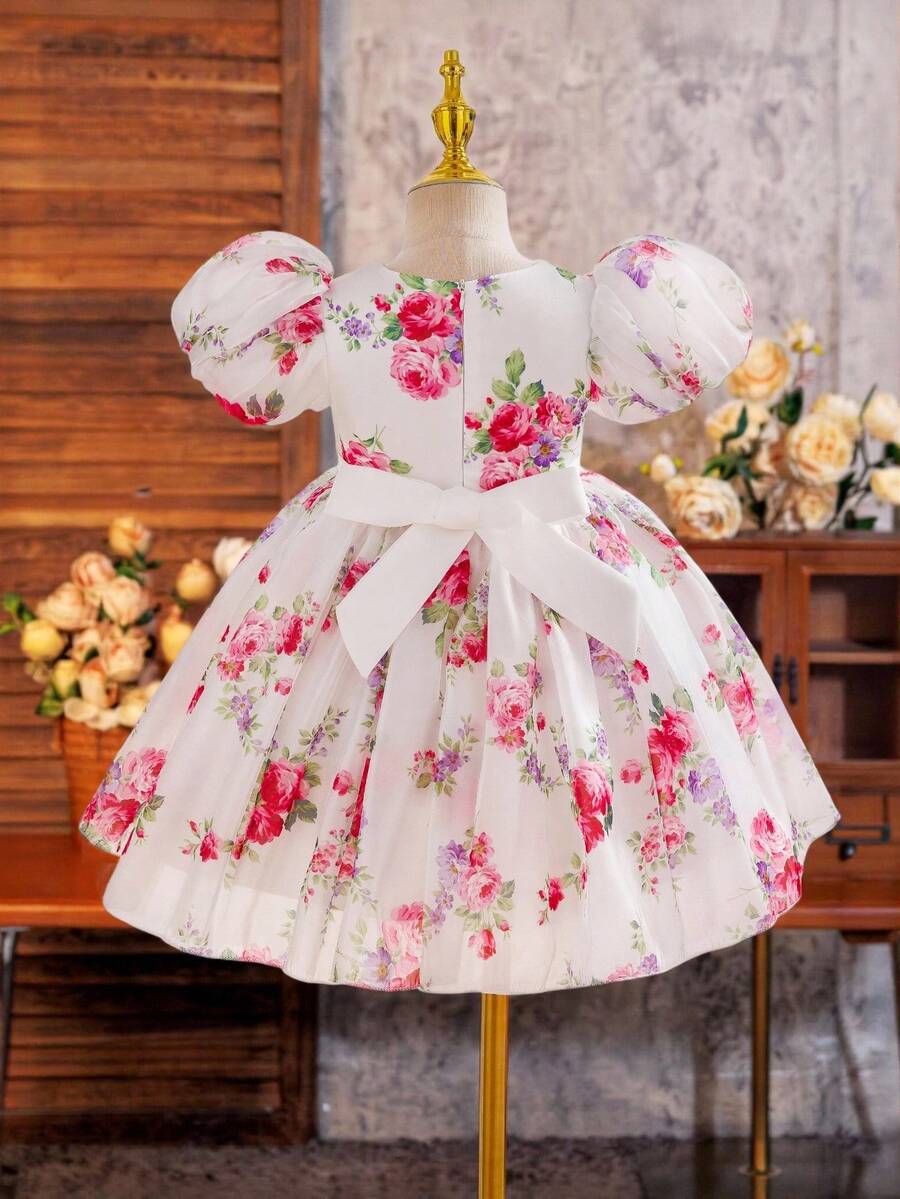 SHEIN Glamorique Kids 女童碎花腰部泡泡袖薄纱优雅派对连衣裙,适合所有季节 - 粉色 - 查看 1