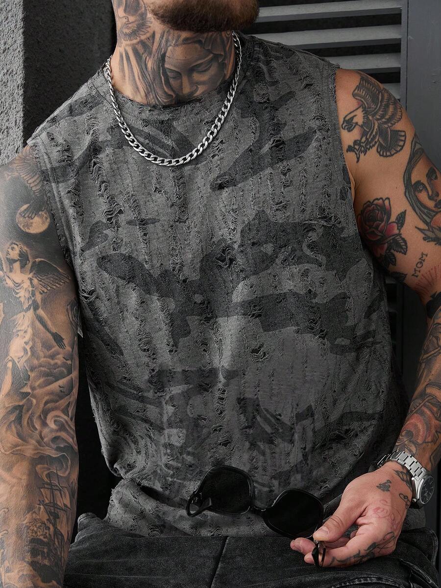SLATEMANN 男士街头风做旧纹理提花圆领无袖时尚背心 - 深灰色 - 查看 1