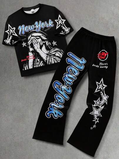 2pcs/Set Casual Vintage Graphic Print T-Shirt Set For Teenage Boys, Suitable For Daily, Commute, Leisure And Streetwear