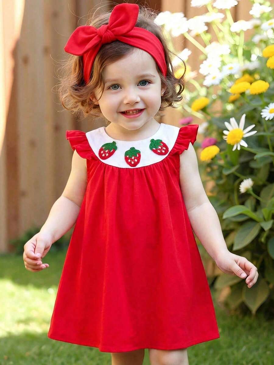 SHEIN Babygirl Elegant & Cute Strawberry Print Color Block Princess Dress Baby Summer Red Dress Red Baby Girl Dress Baby Girl Strawberry Dress Strawberry Dress Baby - Red - View 1