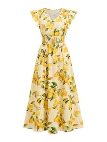 Ellevyn 柠檬印花褶皱短袖连衣裙 - 黃色 - 查看 6