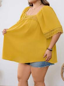 SHEIN CURVE+ Plus Size Women Floral Button Design Short Petal Sleeve Shirt - Yellow - View 6