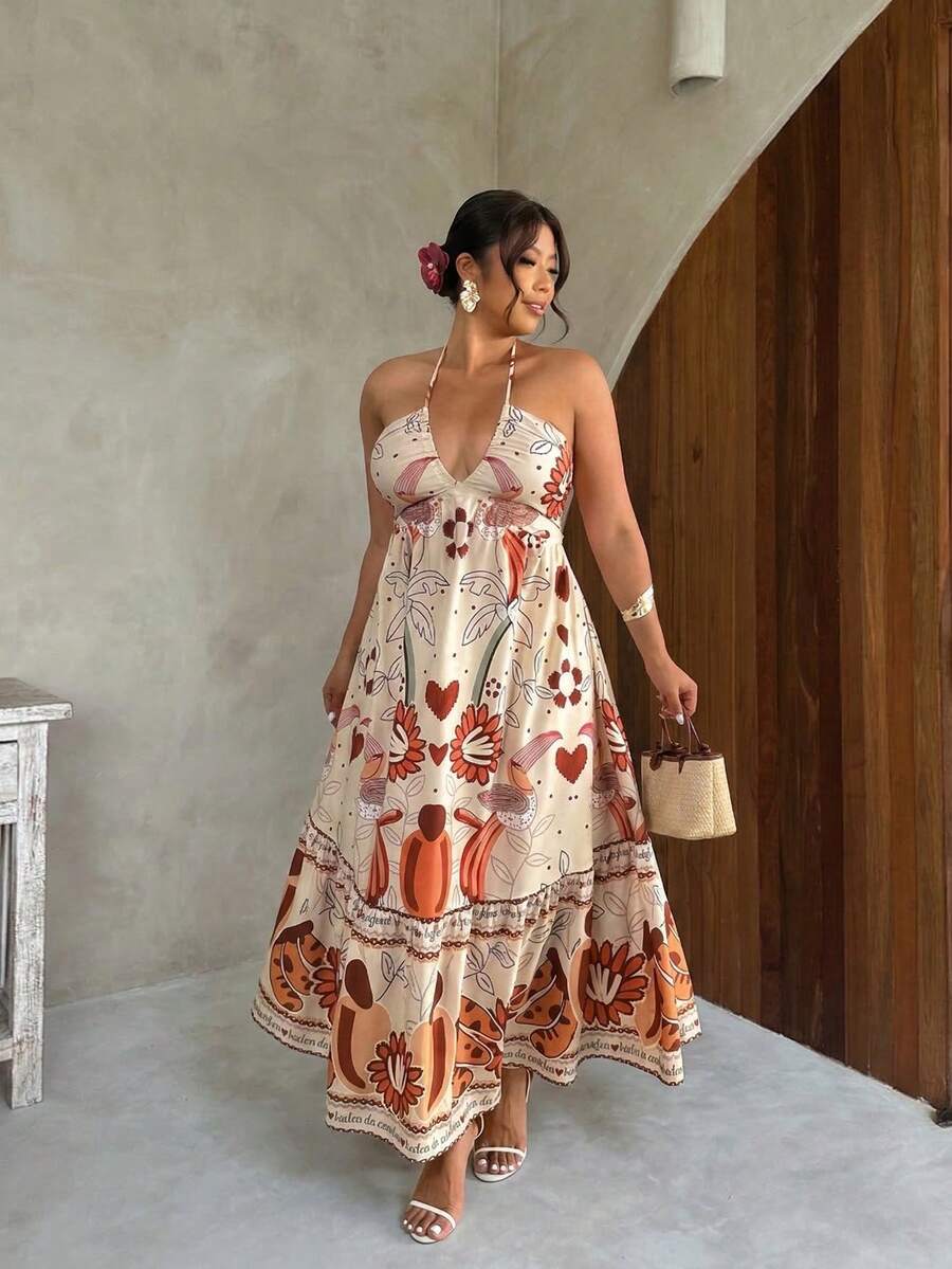 Firerie 大码热带印花露背吊带连衣裙，休闲度假款 - 彩色 - 查看 1