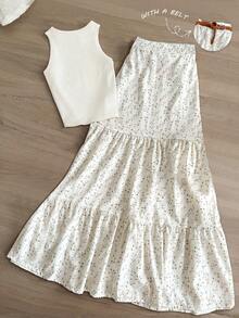 Franclia Bộ 2 món đồ đi nghỉ mát, gồm áo tank top màu trơn và chân váy hoa nhí. - trắng - Xem 2
