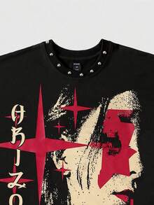 ROMWE MEN Street Life Men's Rivet & Figure Print Round Neck Casual Versatile Daily Wear Tank Top Spring/Summer - Black - View 2