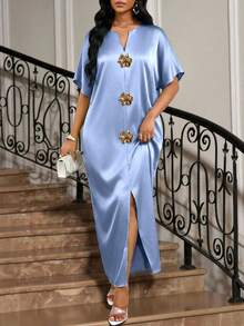 SHEIN Lady 四季皆宜的节日礼服/婚礼宾客/礼服/舞会礼服/金色/晚宴礼服/金色女士缎面提花前开衩连衣裙，休闲派对优雅 - 淺藍色 - 查看 4