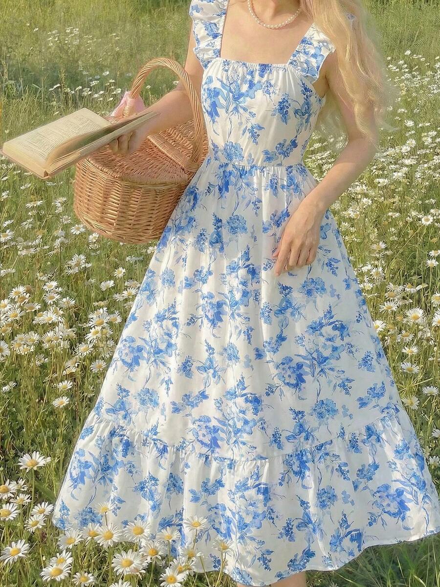 SHEIN 少女优雅休闲度假蓝白碎花短袖连衣裙 - 藍白色 - 查看 1