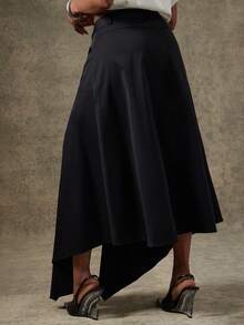 Vixey Solid Woven Asymmetrical Draped Panel Midi Skirt - Black - View 5