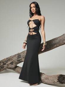Hauture Solid Jersey Strapless Self Tie Cut Out Mermaid Hem Maxi Dress - Black - View 6