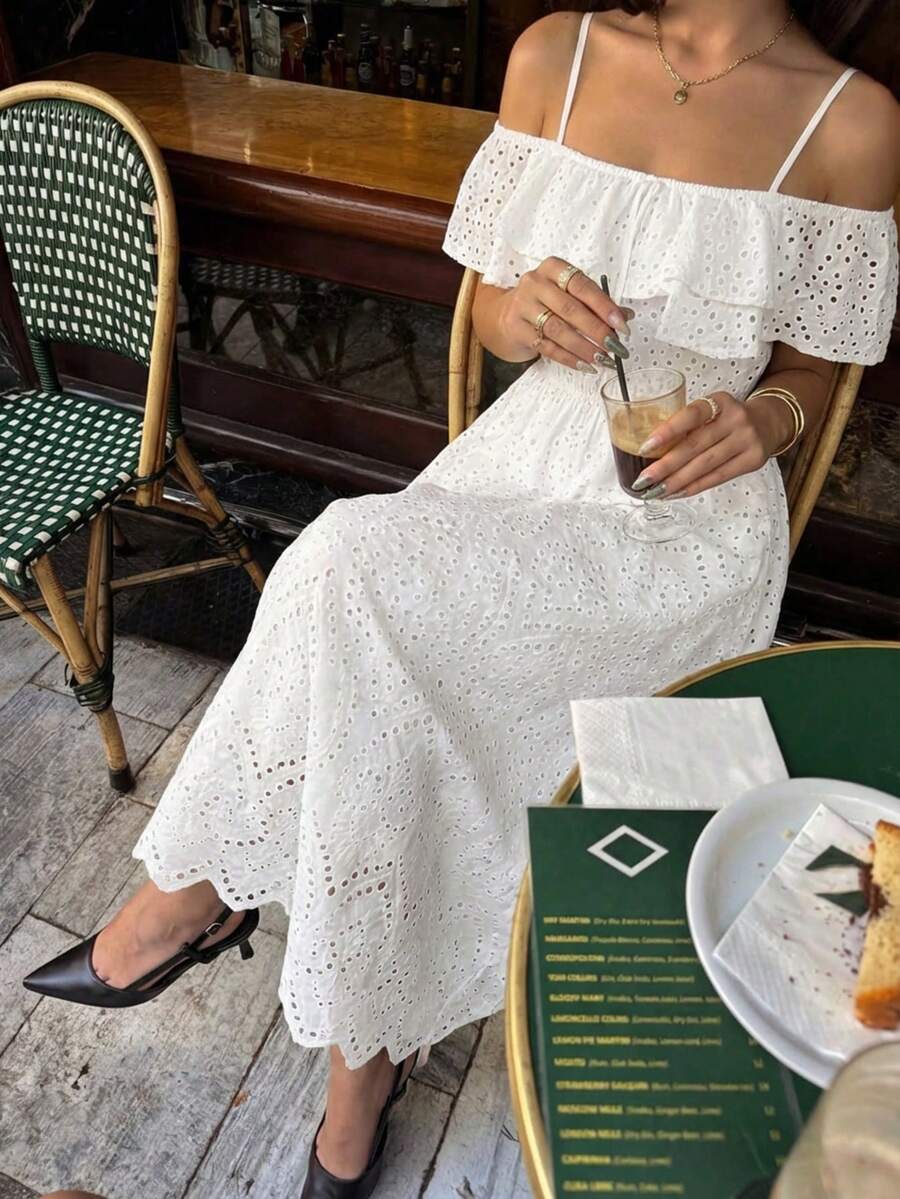 Vestido midi de hombros descubiertos con bordado | Diseño romántico y favorecedor para cualquier ocasión - Blanco - Ver 1