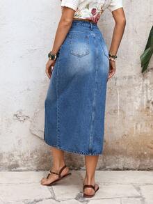 EMERY ROSE 女士休闲百搭约会旅行牛仔裙，带口袋和纽扣前开衩设计 - 藍色 - 查看 2