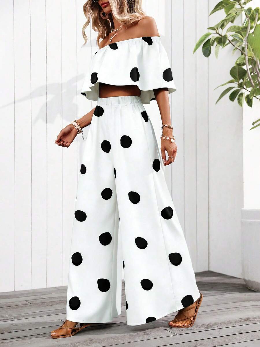 EMERY ROSE Polka Dot Print Off-Shoulder Top And Pants Two Pieces Set (Floral Pattern Asymmetrical Cut) - Black and White - View 1