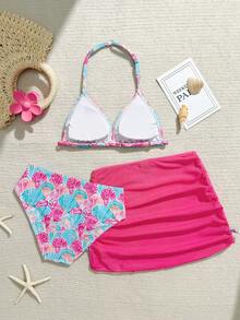 SHEIN 3件套针织彩色贝壳海洋风女童比基尼套装，时尚设计，可爱又保守，适合海滩、游泳、度假和夏季穿着。 - 玫紅色 - 查看 2