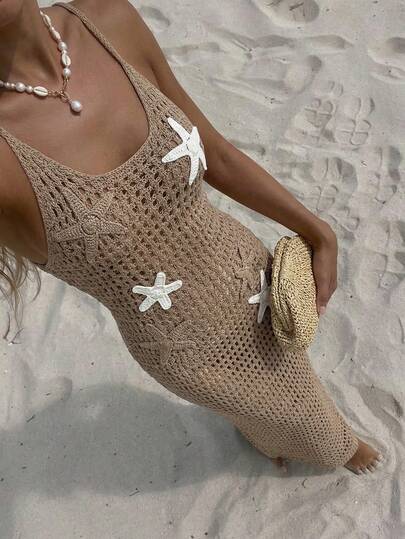 Sunnyshic Vestido floral marrón para mujer, vestido de verano ligero y transpirable con diseño hueco y sexy para la playa, atuendo casual