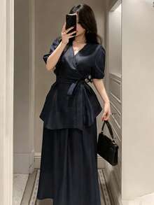 DAZY 女士优雅纯色V领系带衬衫和A字裙两件套，春夏款 - 藏蓝色 - 查看 3