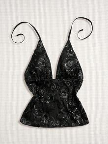 Sweetra Áo vest không tay cổ chữ V hở lưng gợi cảm, đính hạt cườm, kiểu dáng cổ điển Mỹ, thích hợp cho các bữa tiệc và tụ họp. - màu đen - Xem 2