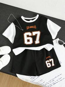 SHEIN Young Boys Y2K Style English Letter & Number 67 Sports Retro Colorblock Crew Neck Short Sleeve T-Shirt And Pants Set,Summer,School,Back-To-School - Black and White - View 4