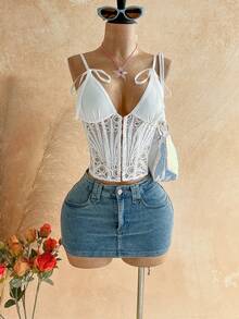 Soleia 性感露肩蕾丝层叠修身胸衣上衣，INS 白色镂空刺绣塑身衣，适合女士晚礼服、婚礼宾客礼服、秋季时尚、性感上衣 - 白色 - 查看 3