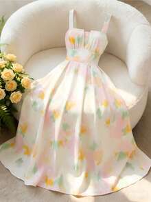 GlowEve 女士夏季度假风露背吊带印花A字腰身优雅连衣裙 - 彩色 - 查看 1