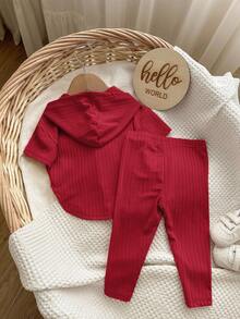 Babygirl Cute Simple Solid Color Knit Elastic Short Sleeve Hoodie Top And Drawstring Waist Pants Set,Kids - Red - View 2