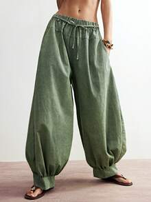 Bohemela Pantalones anchos de pierna ancha, sueltos y tejidos de unicolor para mujer - Verde militar - Ver 5