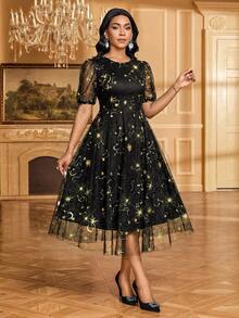 SHEIN Lady Fashionable Party Gold Foil Embroidered Black Mesh Dress - Black - View 7