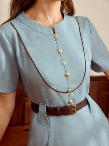 Vintamour 复古优雅女士连衣裙，带口袋、腰带、撞色饰边和纽扣，休闲通勤度假连衣裙，夏季女装，夏季服装，夏季女装搭配，春季女装搭配，春季连衣裙，春季女装搭配，春假女装搭配，复活节女装，优雅女装，度假女装搭配，夏季度假女装搭配，度假连衣裙，休闲女装，蓝色女装 - 藍色 - 查看 1