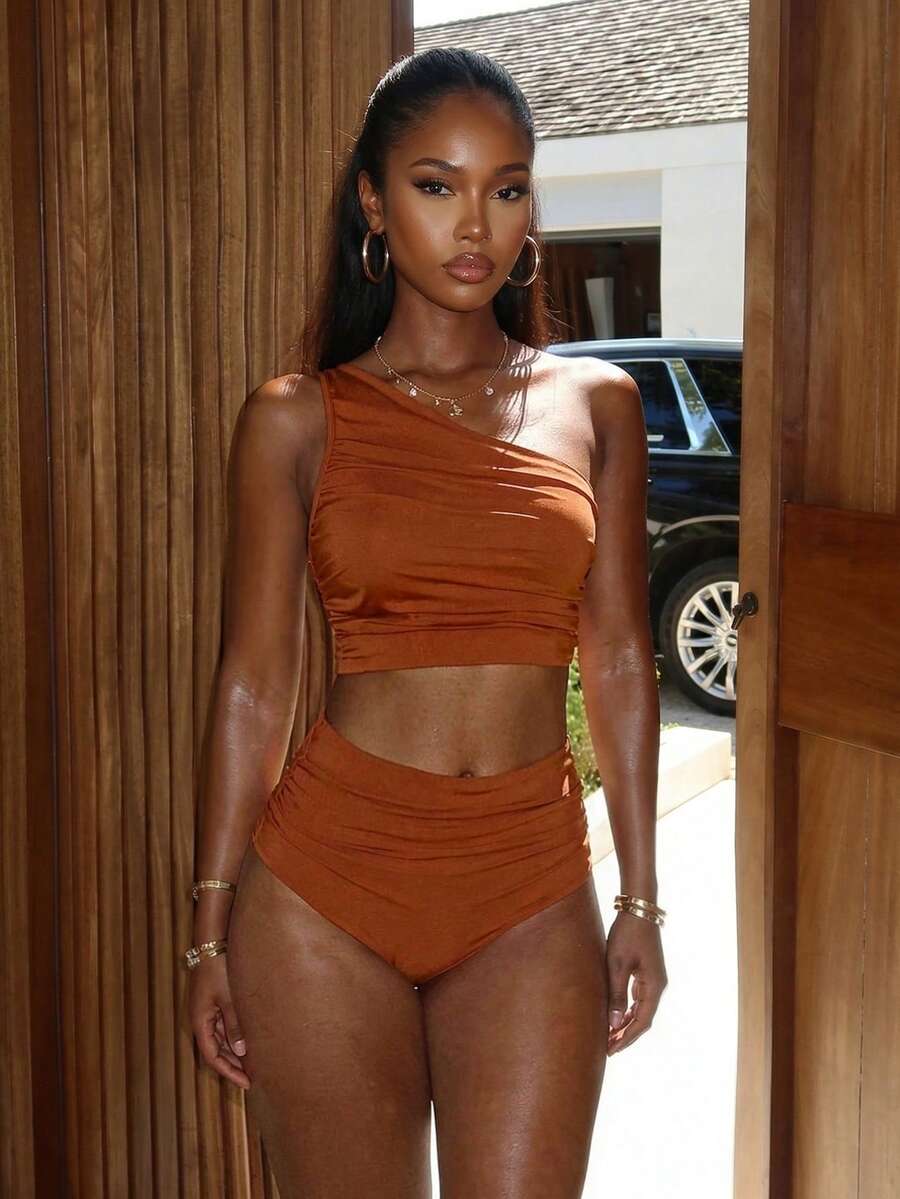 Vaytide 夏日沙灘女士單肩褶皺比基尼套裝，泳衣