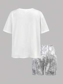 少女日常休闲圆领数字印花上衣和印花短裤套装 - 彩色 - 查看 2