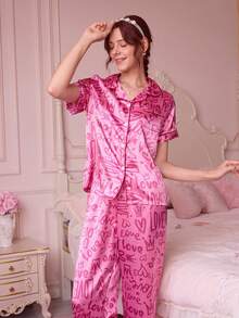 Bonmuse Bộ đồ ngủ tay ngắn in họa tiết ve áo lụa giả dành cho nữ - Hồng - Xem 3
