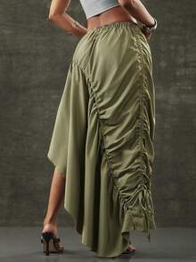 Denimoi Asymmetrical Hem Adjustable Drawstring Skirt Fashionable Streetwear - Olive Green - View 6
