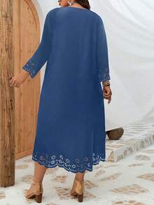 INAWLY Plus Laserskärning Vågig Kant Tunika Klänning - Marinblå - Visa 2